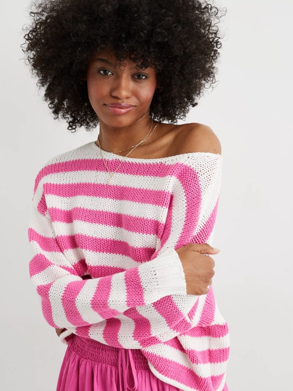 Aerie Pink and White Striped Off-The-Shoulder Sweater